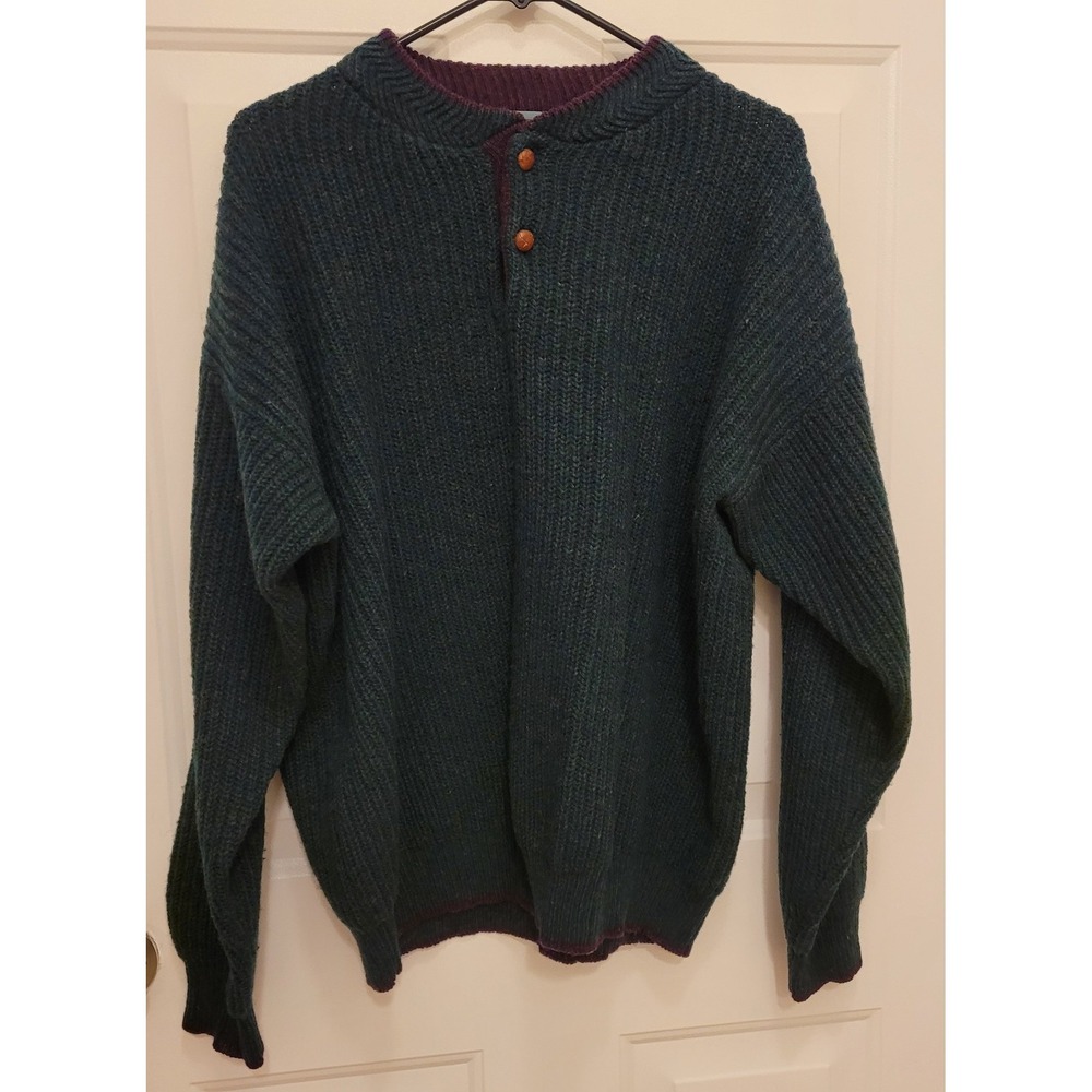 VINTAGE WOOLRICH HENLEY SWEATER Dark Green mens Large 100% WOOL WARM. Heavy.